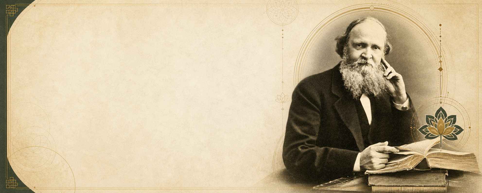 William Dwight Whitney seated with an open book in a parchment-toned scholarly portrait